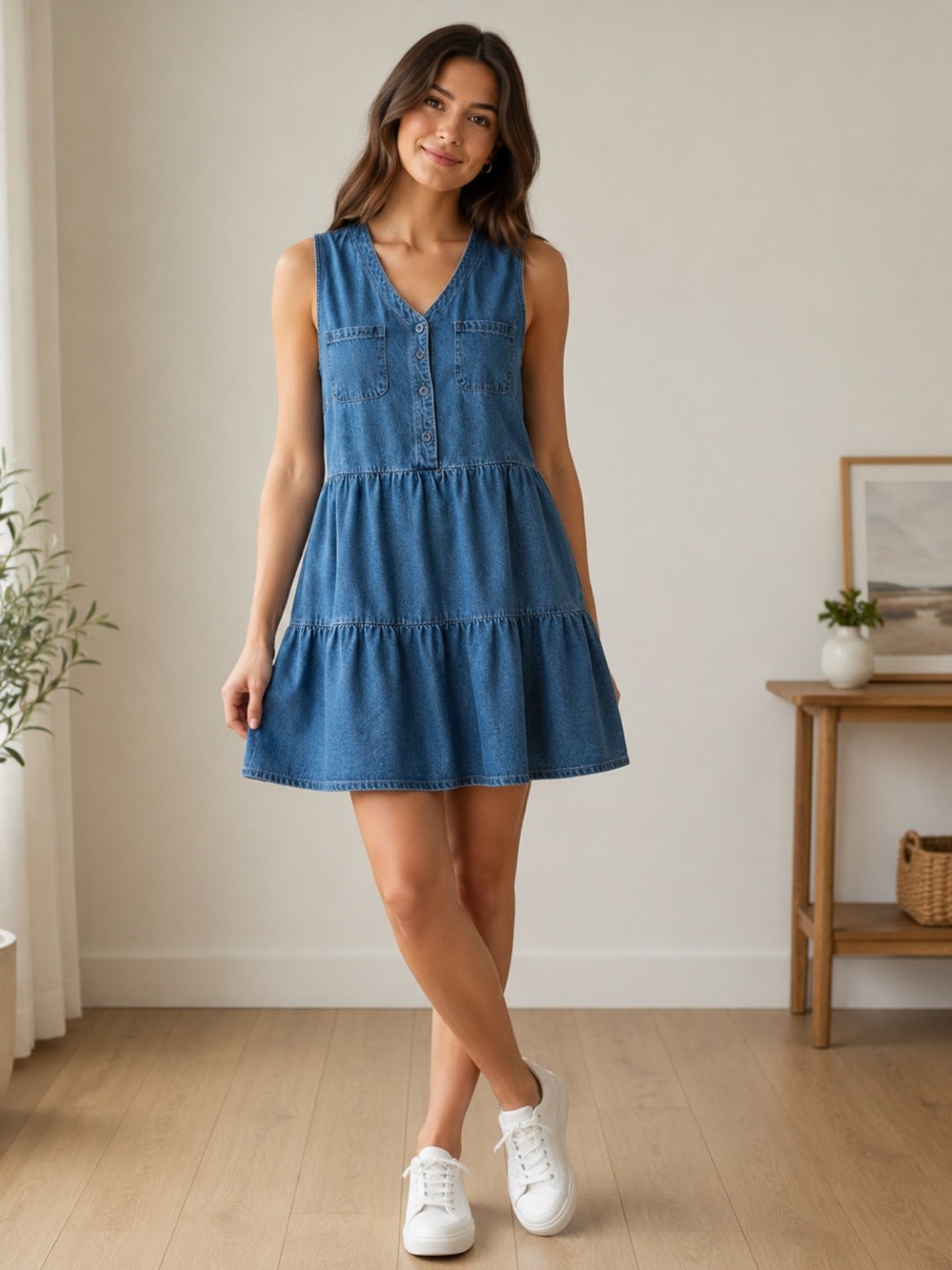 Cute Denim Babydoll Cotton Blend, Tier Sleeveless Dress